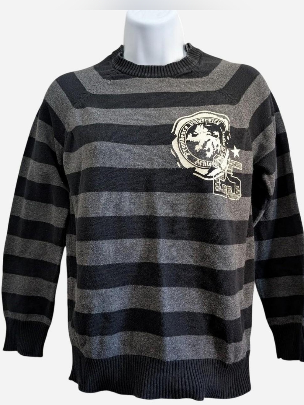 2/$16 | George Men's Black & Gray Striped Crewneck Sweater with Crest